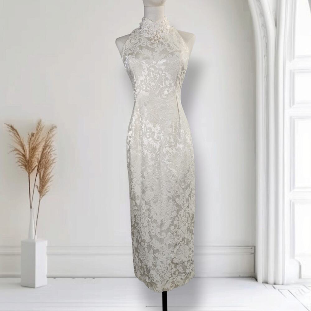 Vintage Scott McClintock Ivory Brocade Wedding Dress Halter Gown Size 4 USA
